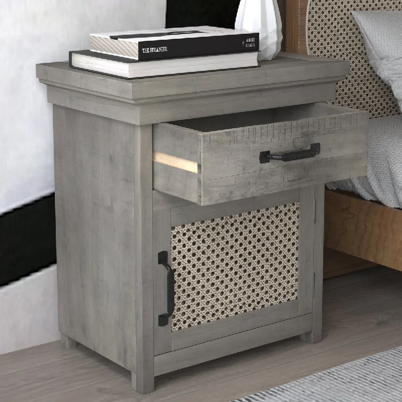 Rustic Nightstand With Drawer and Rattan Design Cabinet, Made of Solid Pine Wood and MDF With 1 Large Flip Rattan Cabinet