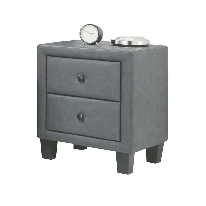 Saveria Gray PU Leather 2-drawer Nightstand with Tapered Leg & Knob