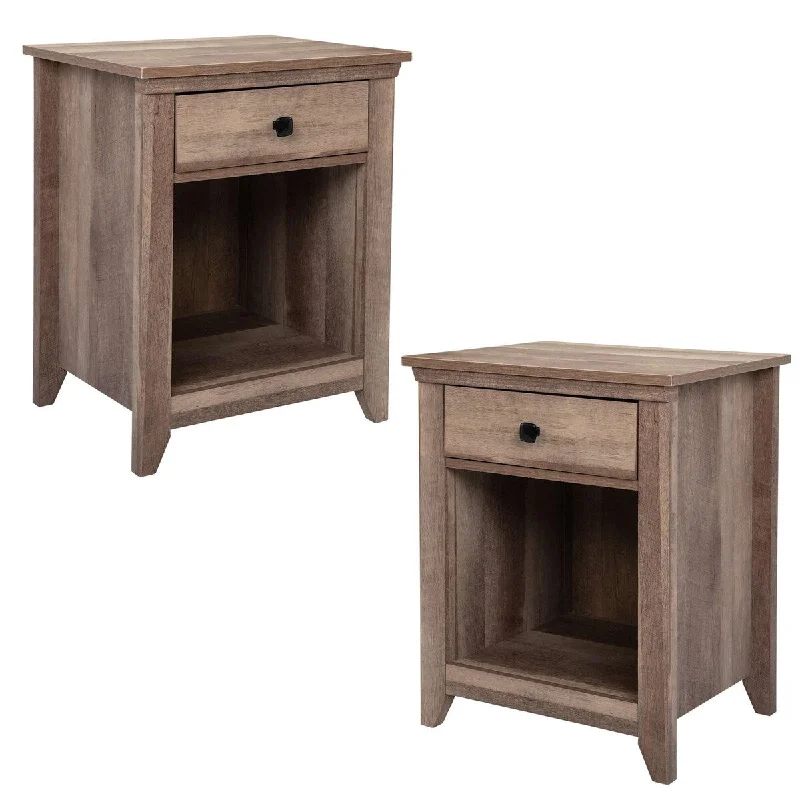 Set of 2 Farmhouse Nightstand, Wood Bedside Table with Drawer and Open Compartment, Light Brown