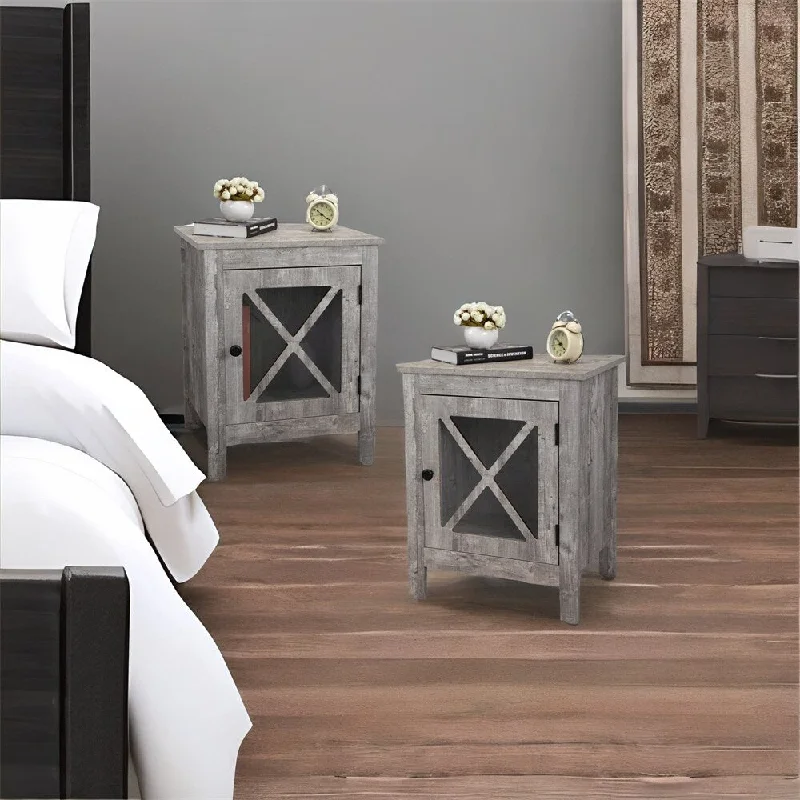 Set of 2 Nightstand with X Design Glass Door,Light Gray Wood