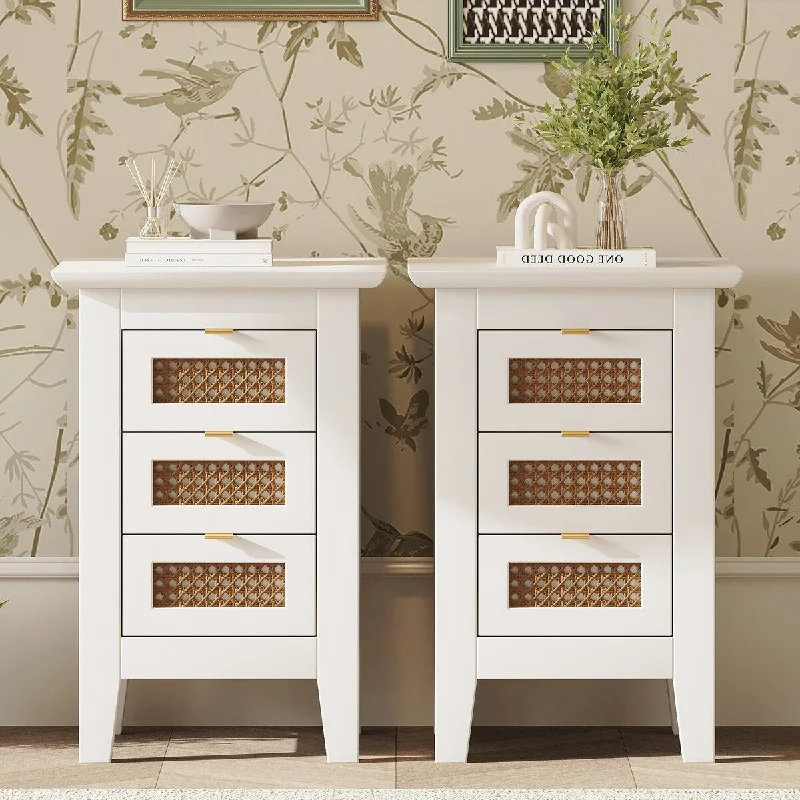 Set of 2, Wooden Nightstand with 3 Drawers and Metal Knobs, Drawers with Rattan-Woven Surfaces for Bedroom