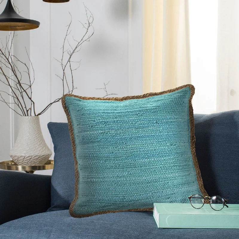 Sevita Solid Turquoise Blue Jute Bordered Throw Pillow