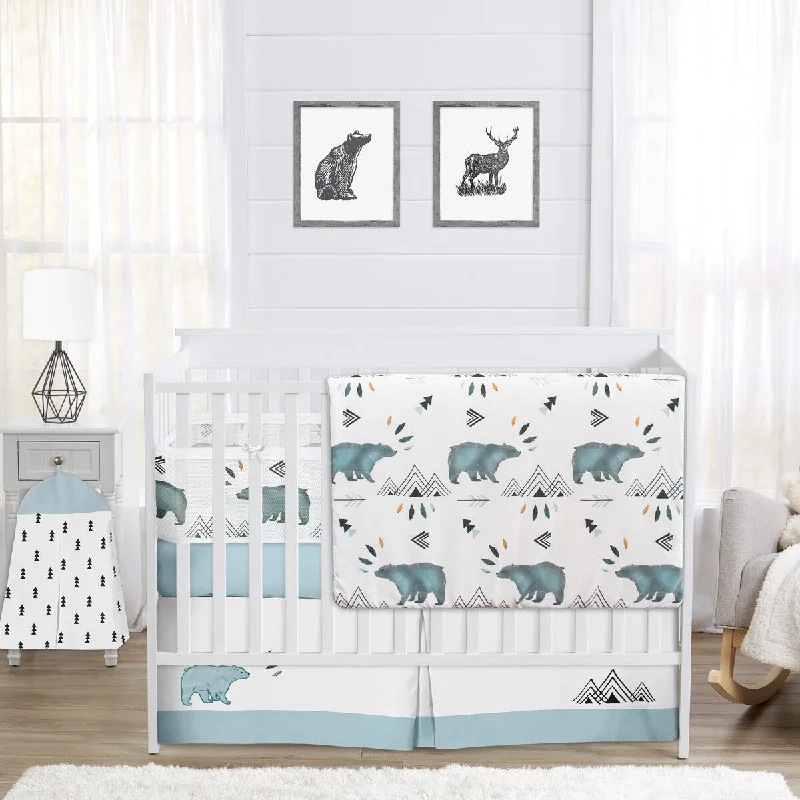 Sweet Jojo Designs 6p Crib Bedding + BreathableBaby Breathable Mesh Liner Bear Mountain Boy Blue Woodland Forest