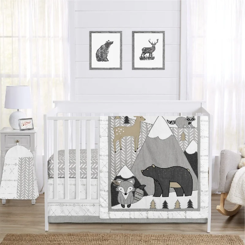 Sweet Jojo Designs Beige Grey White Boho Mountain Animal Woodland Forest Friends Unisex Boy Girl 4-pc Nursery Crib Bedding Set