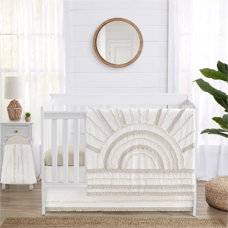 Sweet Jojo Designs Ivory Boho Chic Sun Boy Girl 4p Nursery Crib Bedding Set Cotton Bohemian Gender Neutral Beige Tufted Fringe