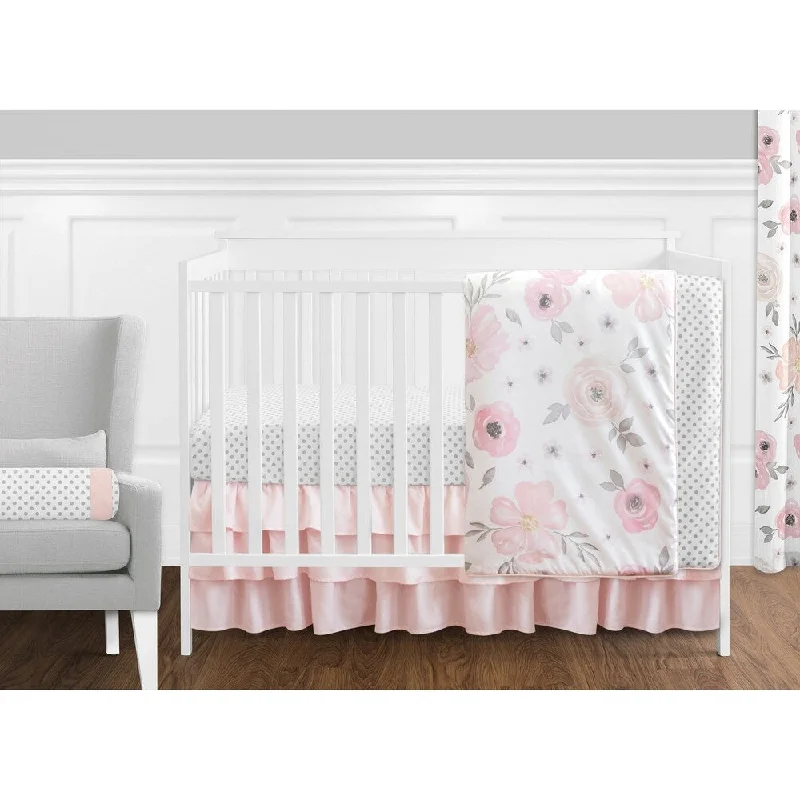 Sweet Jojo Designs Pink, Grey & White Shabby Chic Watercolor Floral Collection Baby Girl 11-piece Bumperless Crib Bedding Set