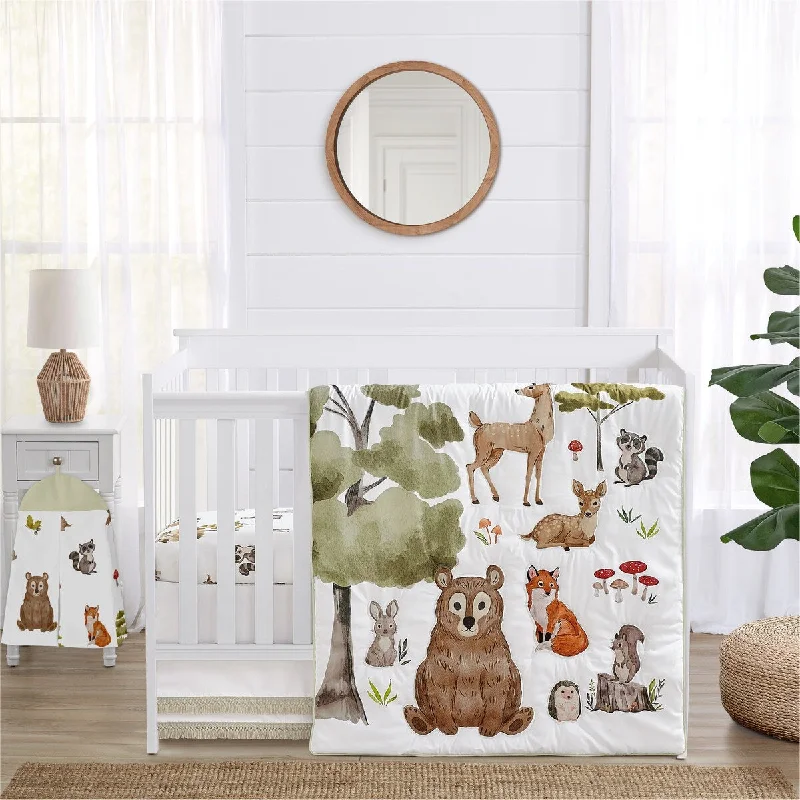 Sweet Jojo Designs Woodland Forest Animals Boy Girl Gender Neutral Unisex 4p Nursery Crib Bedding Set Bear Fox Friend Watercolor