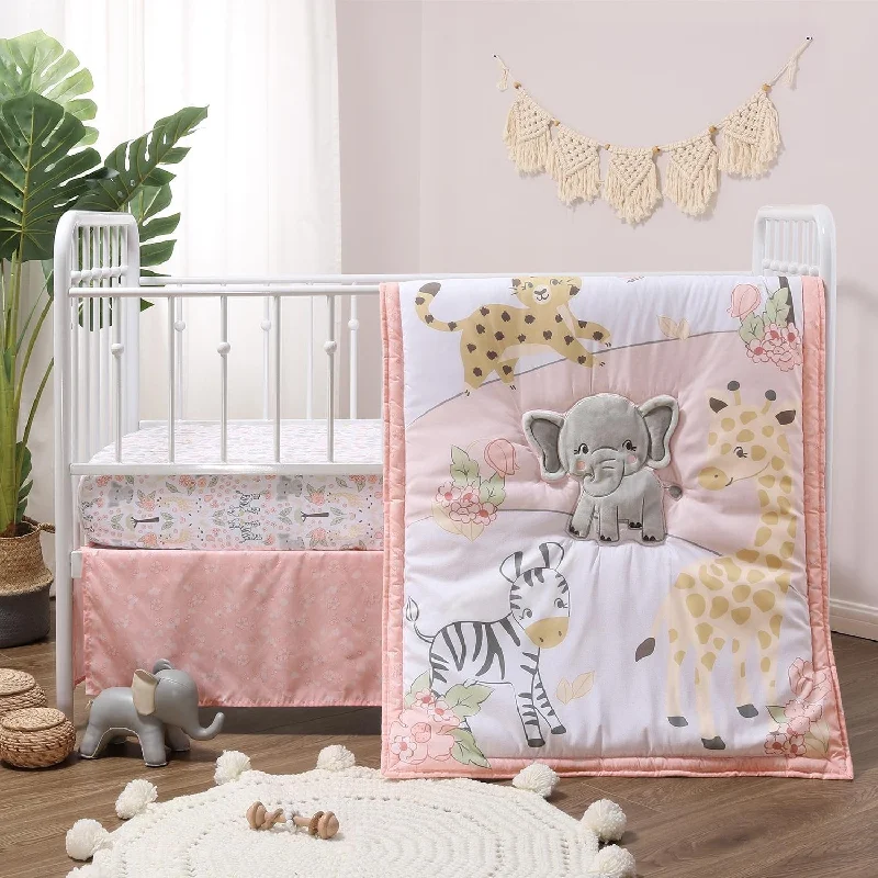 The Peanutshell Pink and Grey Wildest Dreams Crib Bedding Set for Baby Girls, 3 Piece Nursery Set