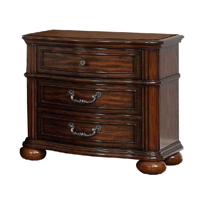 Traditional 3 Drawer Wooden Nightstand with Bun Feet Support, Brown