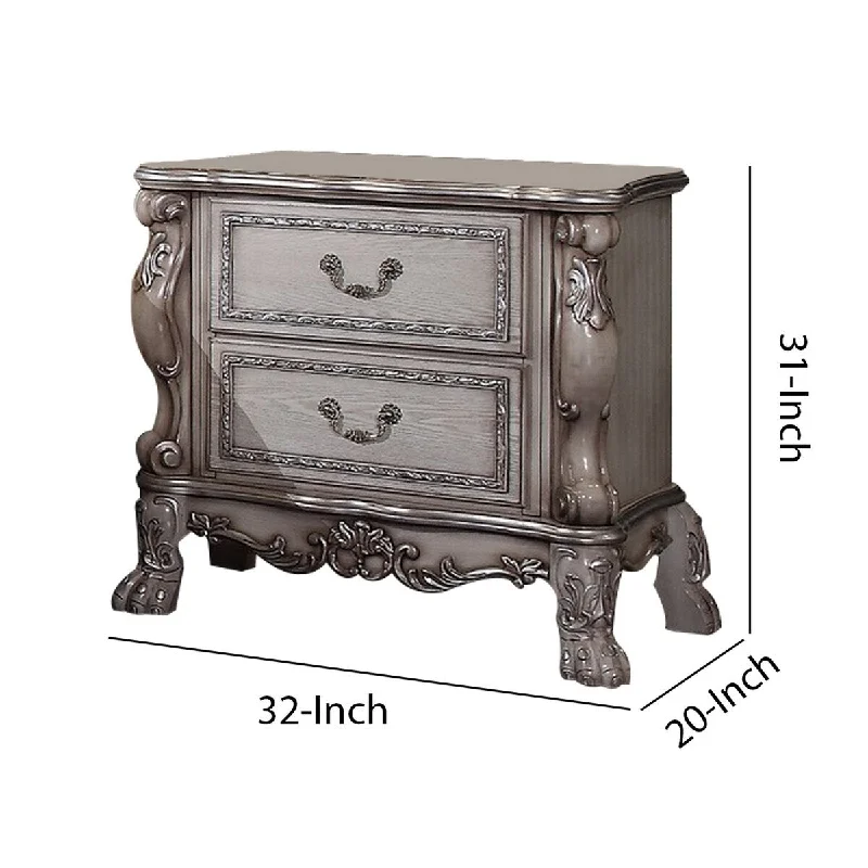 Traditional Wooden Nightstand with 2 Drawers and Carved Details, Silver