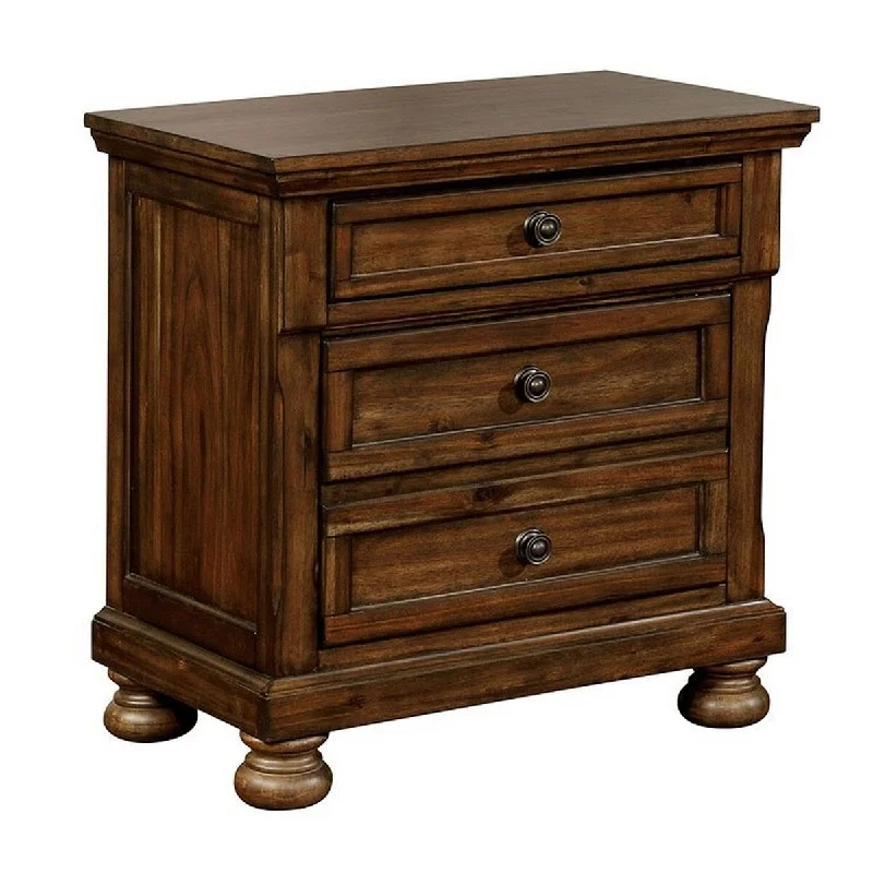 Transitional 3 Drawer Wooden Nightstand with Bun Feet, Brown