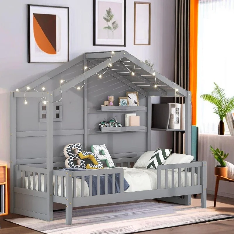 Twin Bookcase Bed Twin Bed Frame with Light Strip for Kids Room Decor