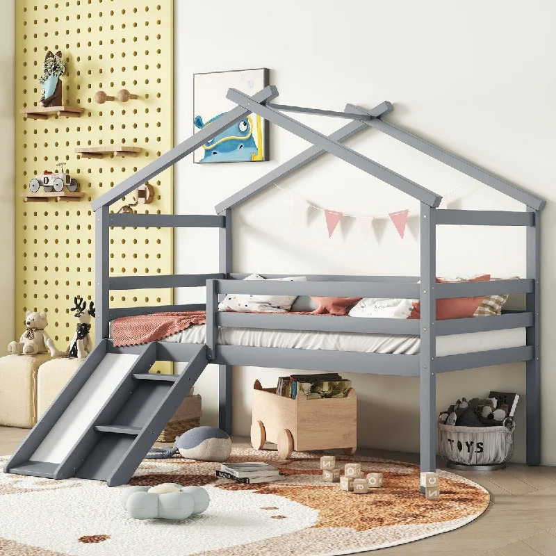 Twin Kids House Roof Loft Bed wSlide, Ladder, Safety Guardrails, Grey