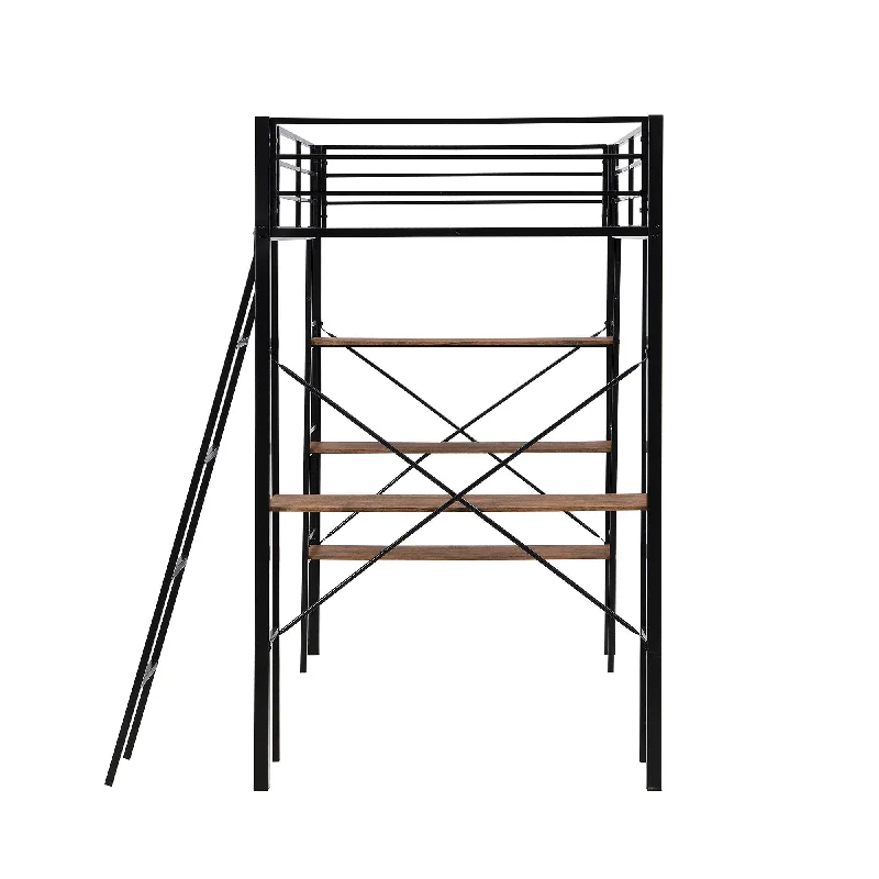 Twin Metal Loft Bed Frame w/Desk, 3 Shelves, Ladder, Guardrail, Black