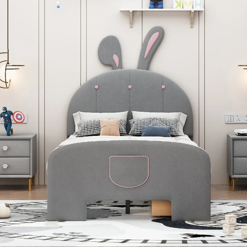 Twin Size Bed Gray Velvet Platform Bed with Guardrail, Rabbit-Shaped Headboard, Pull-out Drawers Storage Bed and Bed-end Pocket