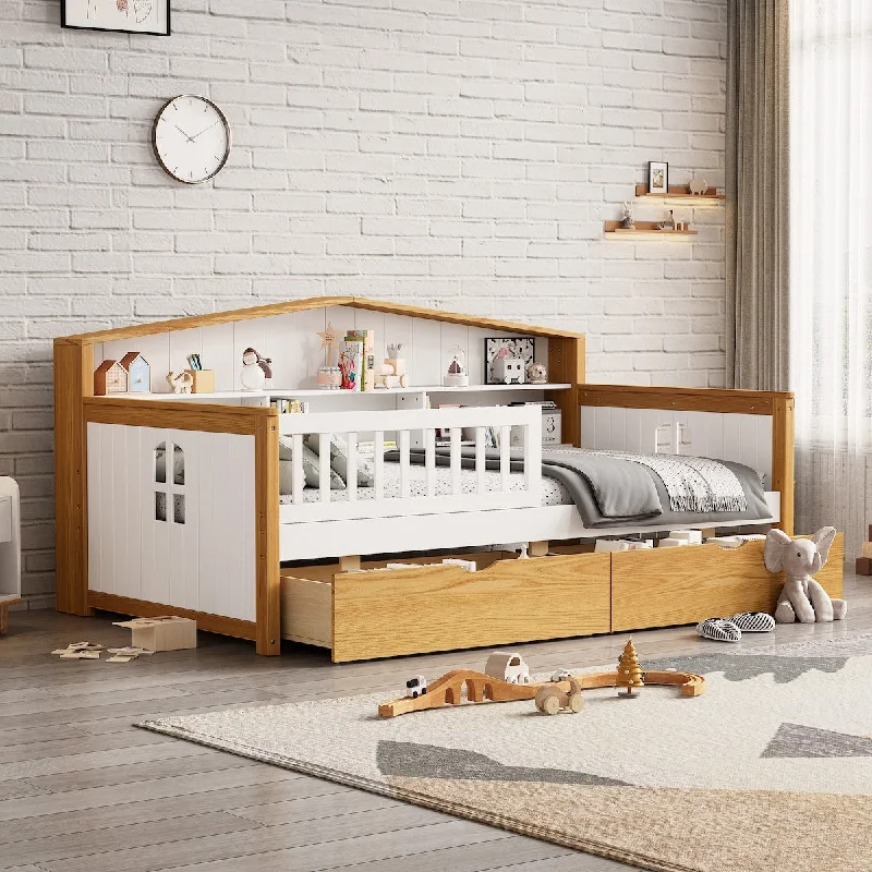 Twin Size House Shape Bed with Two Drawers and Bookcase Headboard Wooden Bed for Girls Boys Teens,Walnut and White