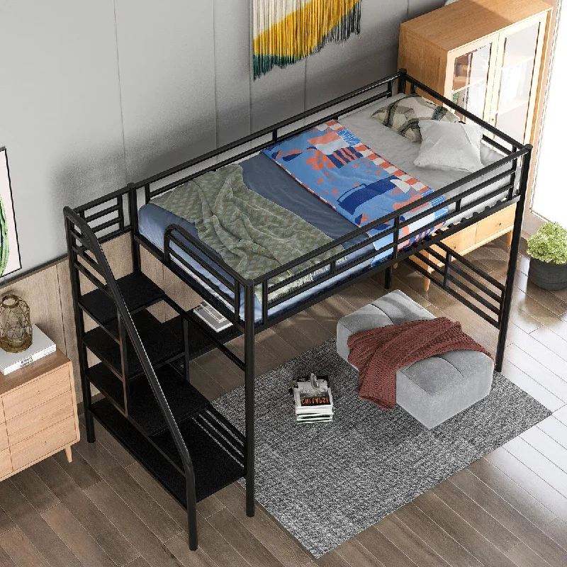 Twin Size Loft Bed w/ Desk for Kids, Heavy-Duty Metal Platform Bed Frame with Storage Staircase,Space Saving Loft Bed, Black