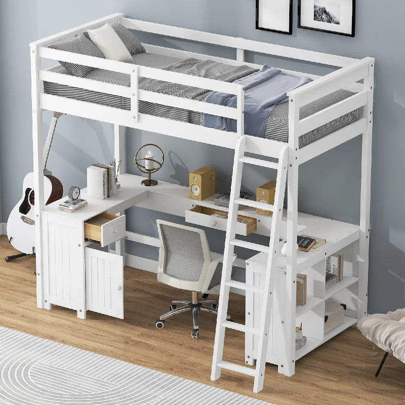 Twin Size Loft Bed with U-shaped Desk, Wooden Bed with Drawers and Storage Shelves, Platform Bed with Ladder, White