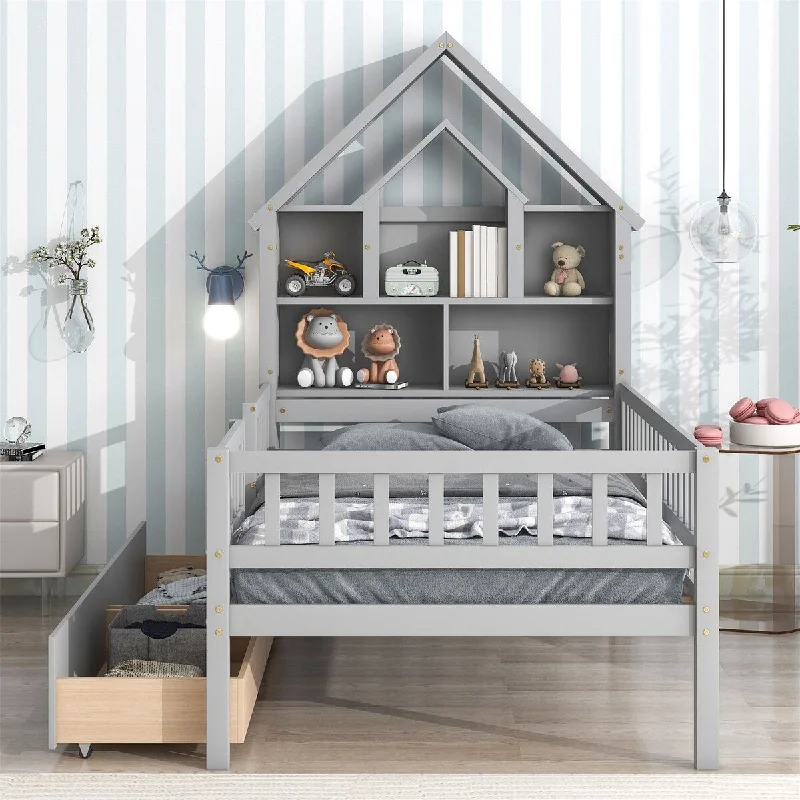 Twin Size Shaped Headboard Bed With Fence Guardrails And Drawers