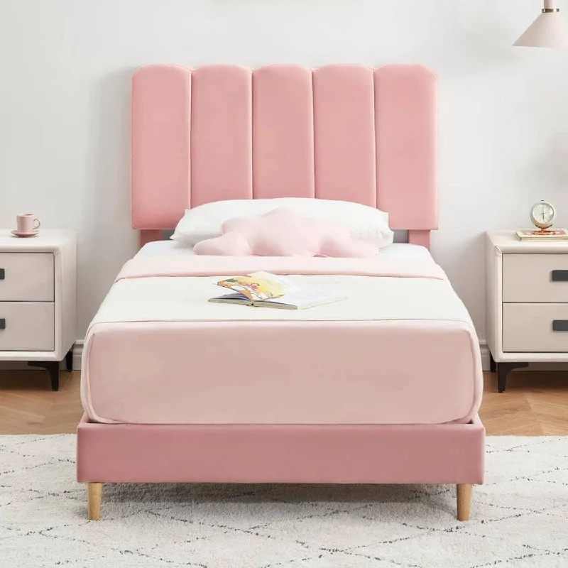 Twin Size Upholstered Platform Bed Frame with Headboard for Girls