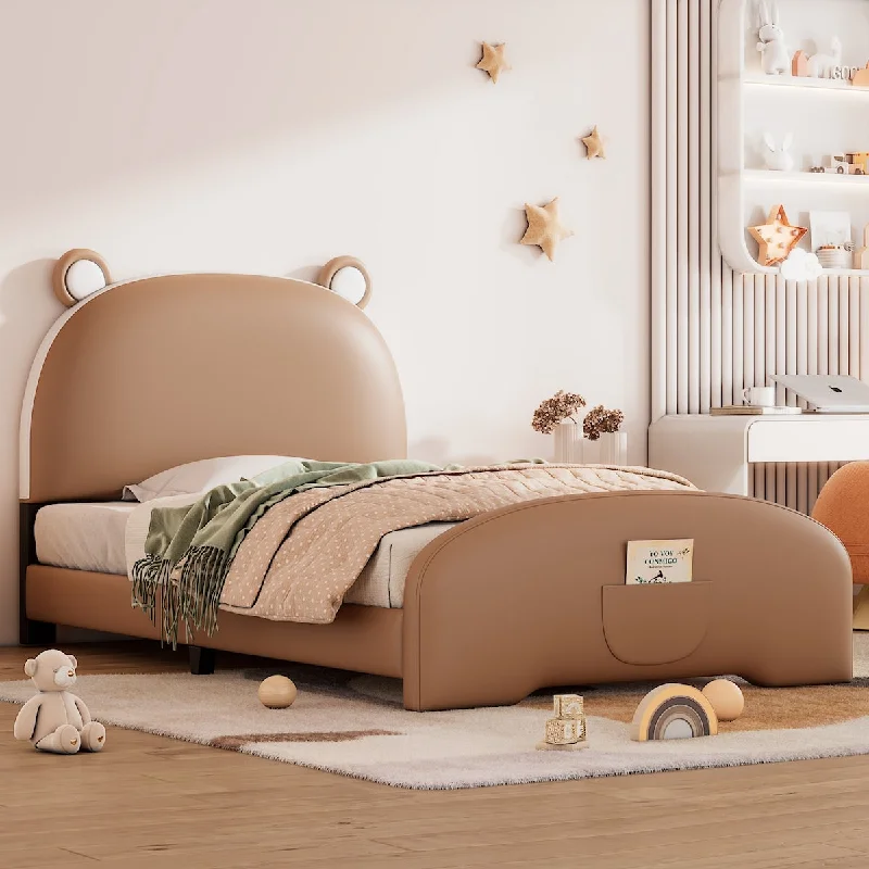 Twin Size Upholstered Platform Bed with Bear-shaped Headboard and Footboard