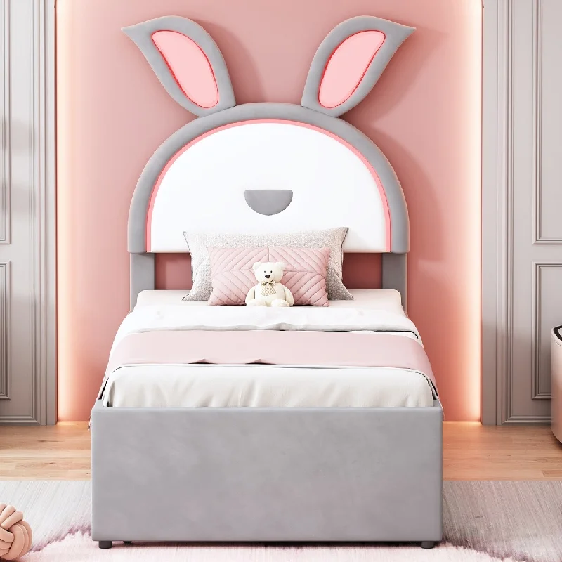 Twin Size Upholstered Platform Bed with Trundle and 3 Drawers, Rabbit-Shaped Headboard with Embedded LED Lights, Gray