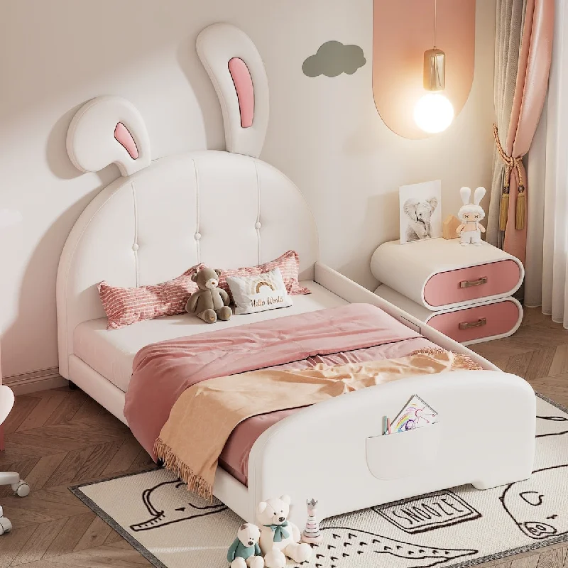 Twin size Upholstered Rabbit-Shape Princess Bed ,Twin Size Platform Bed with Headboard and Footboard