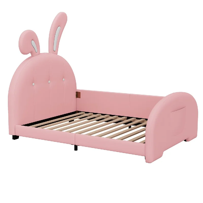 Twin Size Upholstered Rabbit-Shape Princess Platform Bed, Pink