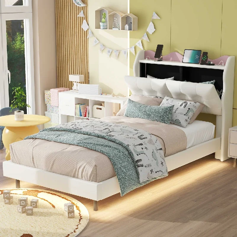 Twin Size Upholstery Platform Bed Frame with LED Light Strips and Headboard Storage