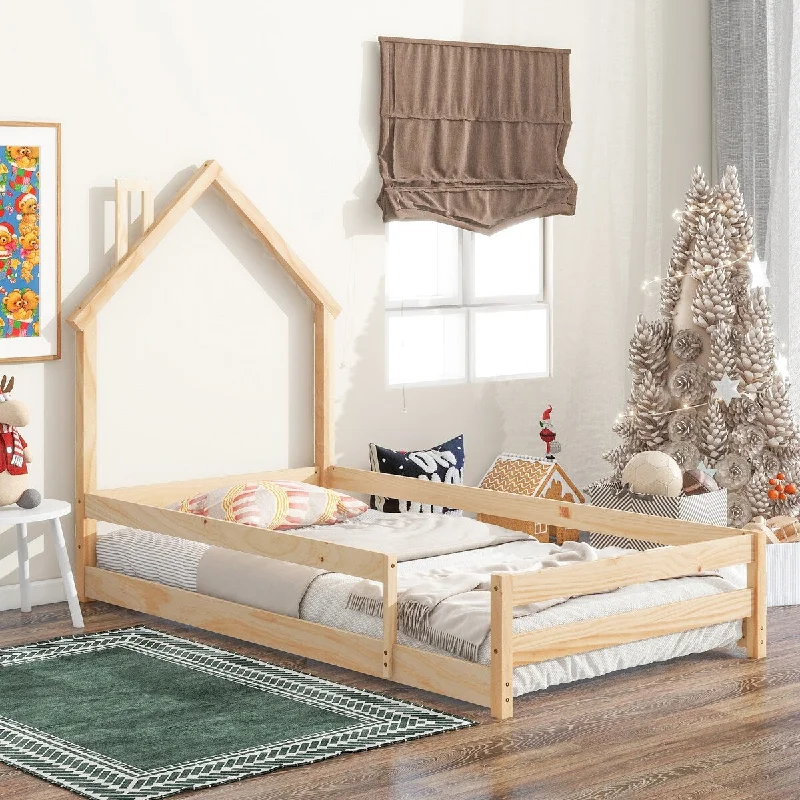 Twin Size Wood Bed with House-Shaped Headboard and Fences