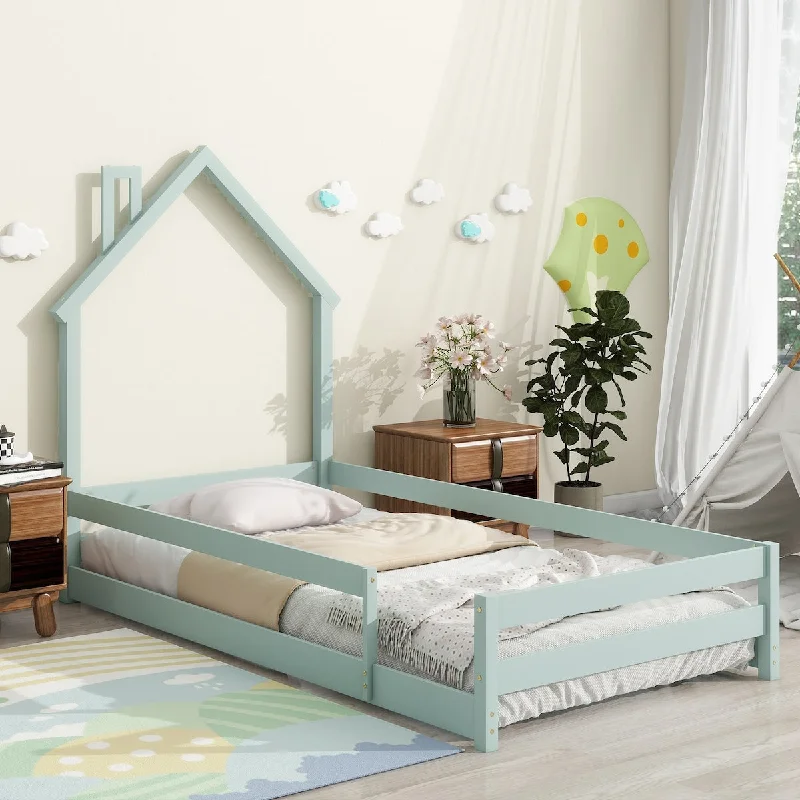 Twin Size Wood Kids Bed with House-Shaped Headboard and Guardrails - Multiple Colors Available