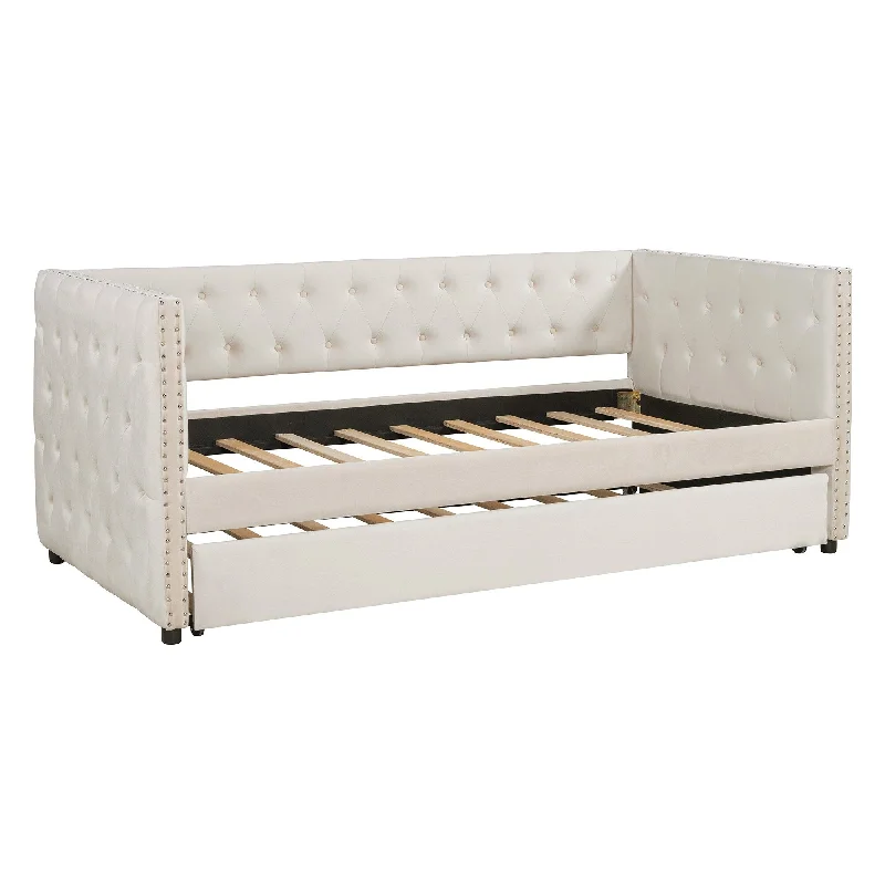 Twin Tufted Upholstered Velvet Daybed w/Trundle & Rivet Design, Beige