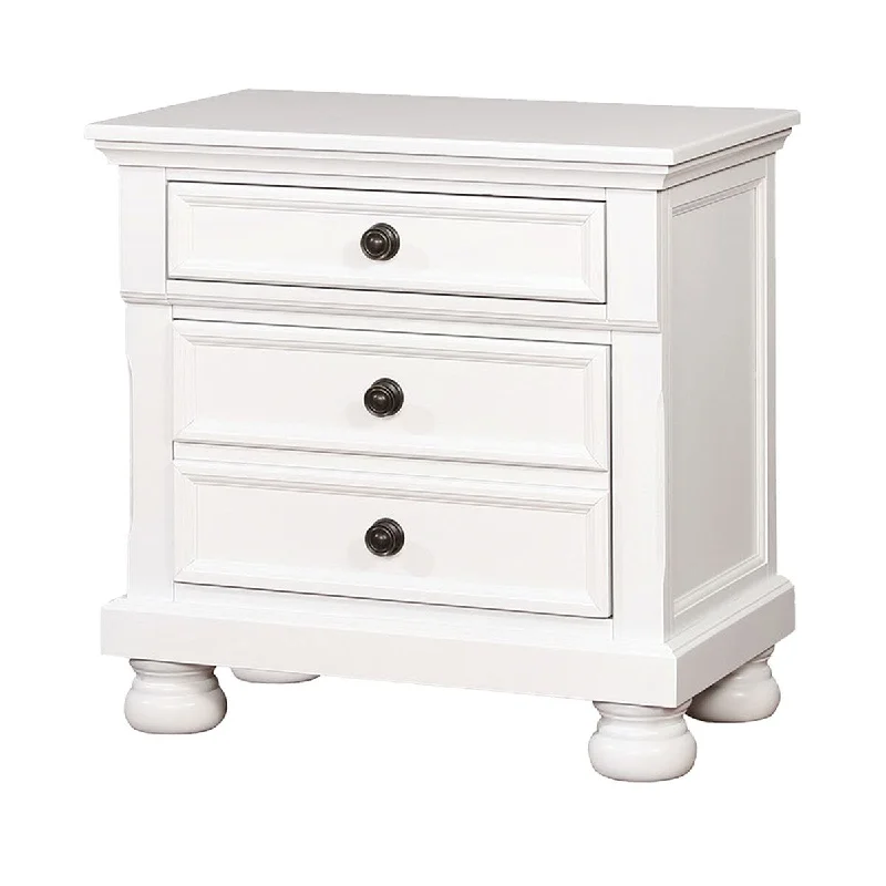 Two Drawer Solid Wood Nightstand with Bun Feet, White