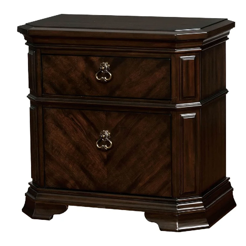 Two Drawer Solid Wood Nightstand with Clipped Corner, Espresso Brown