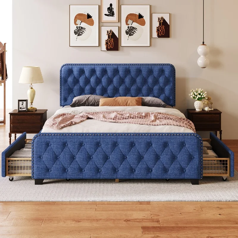 Upholstered Platform Bed Frame with Four Drawers, Button Tufted Headboard and Footboard Sturdy Wood Slat Support, Blue, Queen