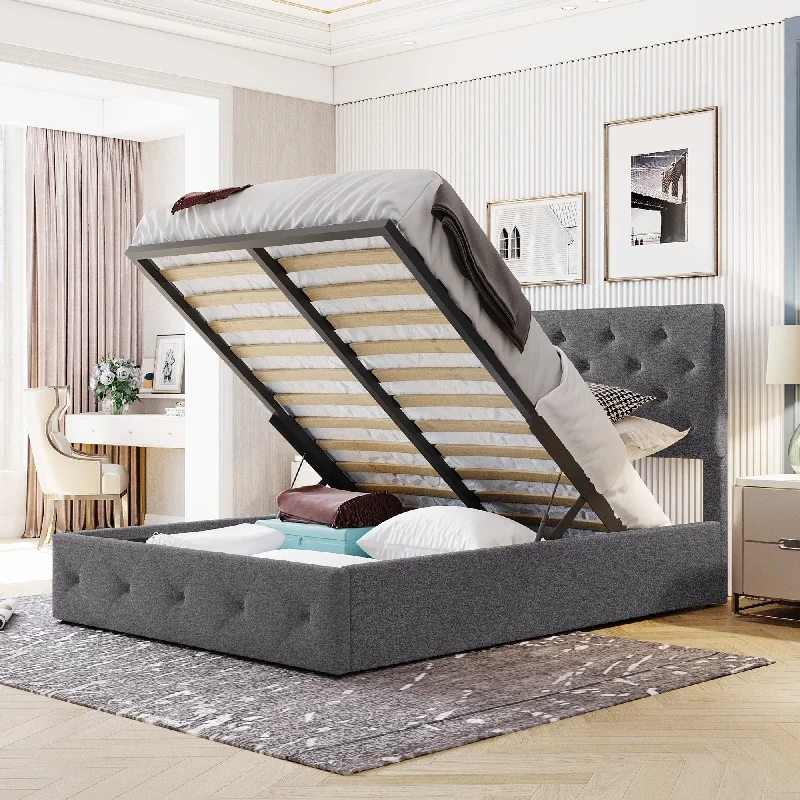 Upholstered Platform Bed with Hydraulic Storage System, Bed Frame with Button Headboard Mattress Foundation