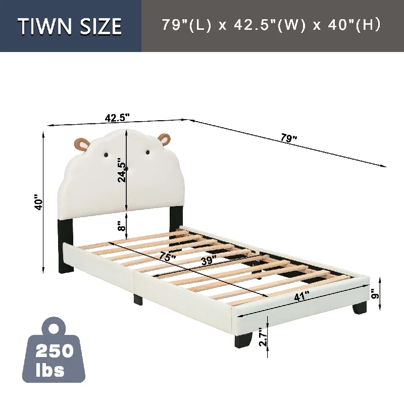 Upholstered Twin Size Platform Bed for Kids, Cute Bed Frame wSheep Headboard, Wooden Slats Support, No Box Spring Needed