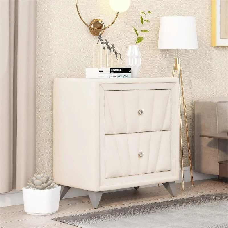 Upholstered Velvet Wooden Nightstand with Two Drawers , With Glass Worktop