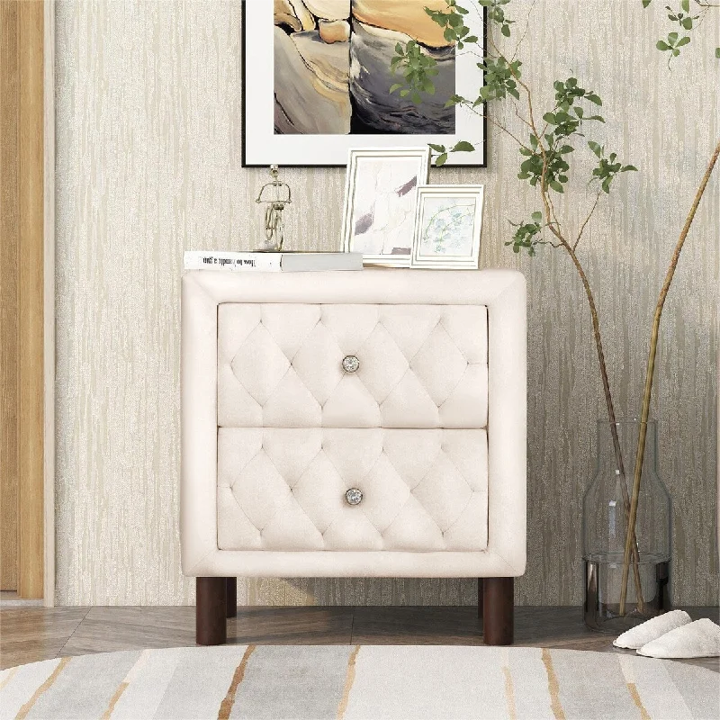 Upholstered Wooden Nightstand with Two Drawers , with Velvet Fabric