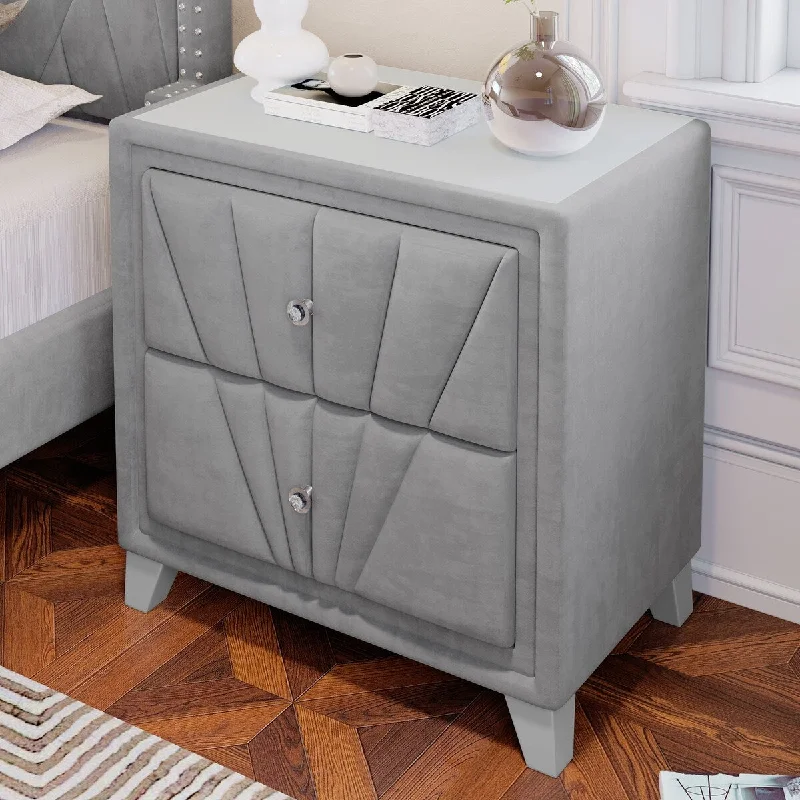 Velvet Upholstered Nightstand with Two Drawers