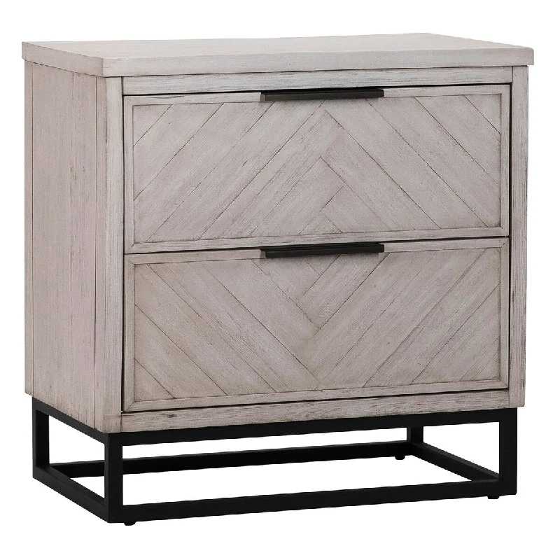 Vincent Light Wash Acacia and Black Iron 2-Drawer Storage Nightstand with Herringbone Door Fronts