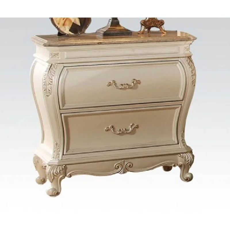 Vintage and Traditional Nightstand in Pearl White with Granite Top and 2 Drawers No Installation Required