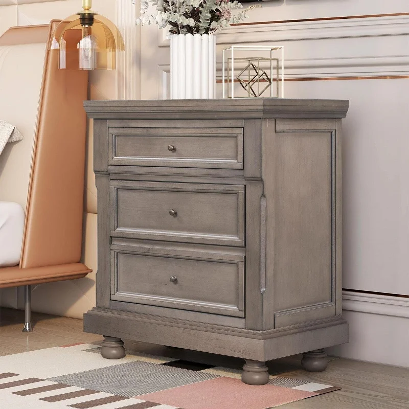 Vintage Wood Nightstand with 3 Storage Drawers and Round Knobs for Bedroom