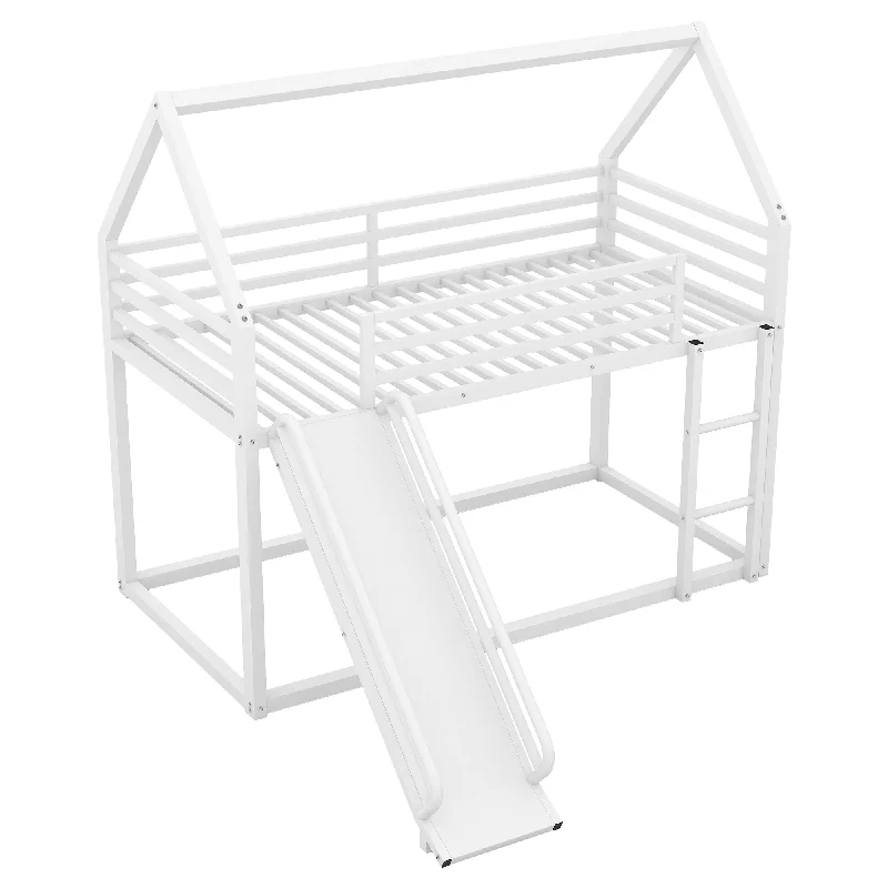 White Bunk Frame House-shaped Bed Metal Bunk Low Floor Bed Twin Over Twin Bed with Convertible Ladder Slide and House Roof