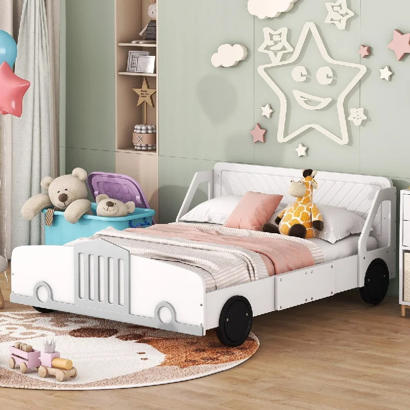 White Full Size Car-Shaped Platform Bed with Rolling Wheels and Unique Headboard Design