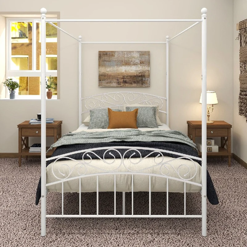 White Full Size Metal Canopy Bed Frame with European Design Headboard and Footboard