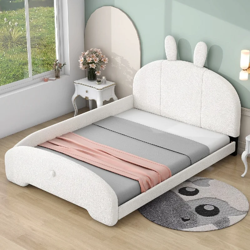 White Full Size Upholstered Platform Bed with Cartoon Ears Headboard - Adorable, Low-Profile Silhouette