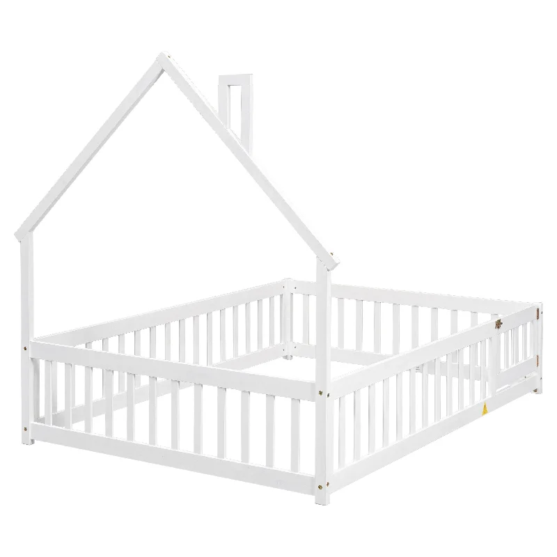 White Full Size Wood House Floor Bed with Fence