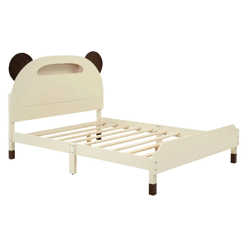 White Full SizeCozy Bear Design Wooden Platform Bed with Motion-Activated Night Lights for Comfort and Safety