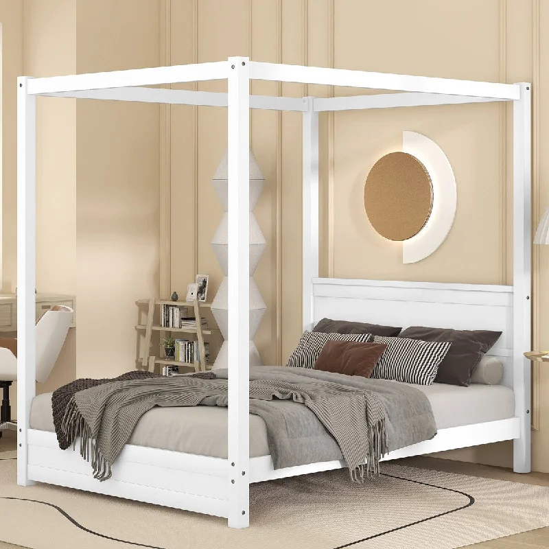 White Full SizeModern Canopy / Platform Bed with Stylish Headboard and Support Legs